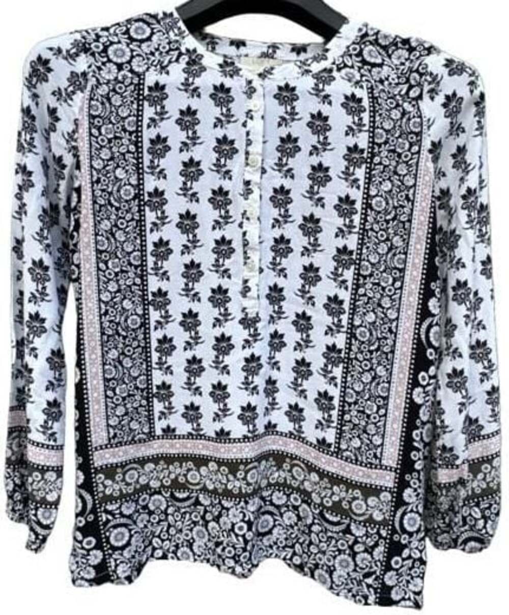 LOFT Outlet Women's Black and White Floral Print Long Sleeve Button Down Blouse